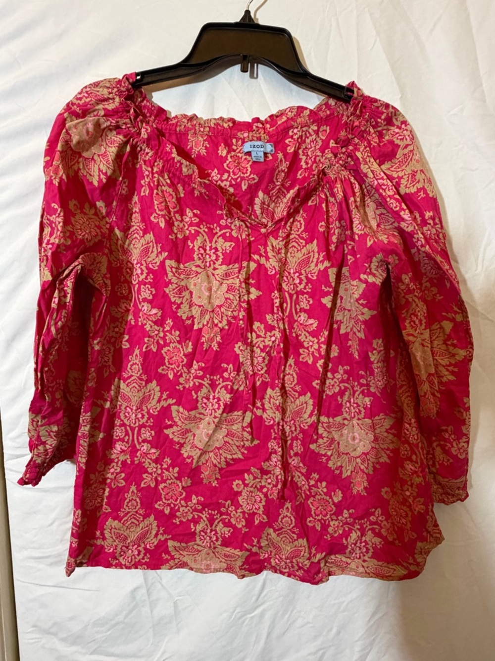 SZ LG Izod 100% Cotton Pink Floral Peasant Top